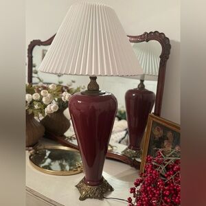 mid-century Chinoiserie oxblood porcelain lamp with brass fixtures